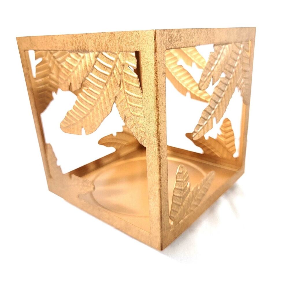 New Partylite Gold Square Metal Jar Candle Holder P92779 Leaves NIB